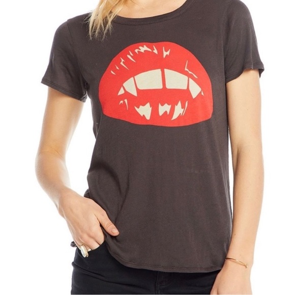 Chaser Tops - Chaser | Large Charcoal Vampire Mouth Graphic Short Sleeve Cotton Shirt